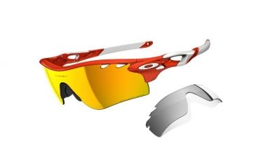 Image of Oakley Radarlock Path Mens Sunglasses White Orange Frame, Fire Iridium Polarized Vented and Black Iridum Vented Lens OO9181-24