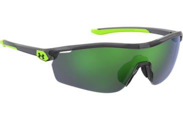 Image of Under Armour Gametime JR Sunglasses with Transparent Grey Frame and Green Temple Tips with Green to Grey Mirror Lens, Medium, UA7001S KB7-Z9