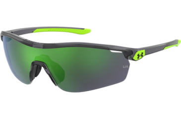 Image of Under Armour Gametime JR Sunglasses with Transparent Grey Frame and Green Temple Tips with Green to Grey Mirror Lens, Medium, UA7001S KB7-Z9