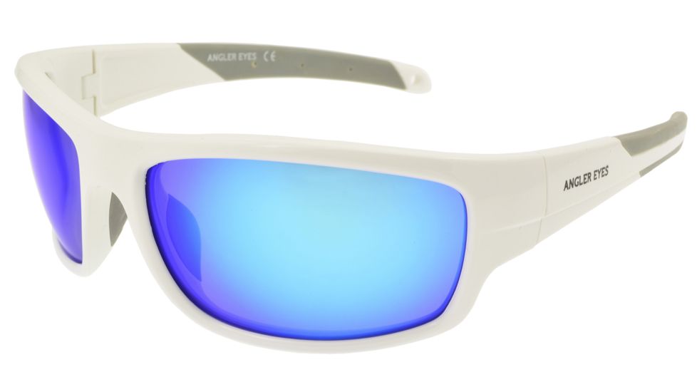 Angler Eyes Amerberjack Sunglasses, Shiny White Frame, Smoke Polarized with Blue Mirror Flash Lens, Polarized, 10222160.FGX