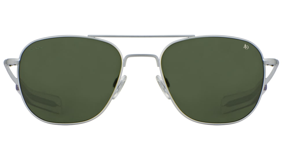 AO Original Pilot Sunglasses, Matte Silver Frame, 52 mm Calobar Green SkyMaster Glass Lenses, Bayonet Temple, Polarized, 738921550112