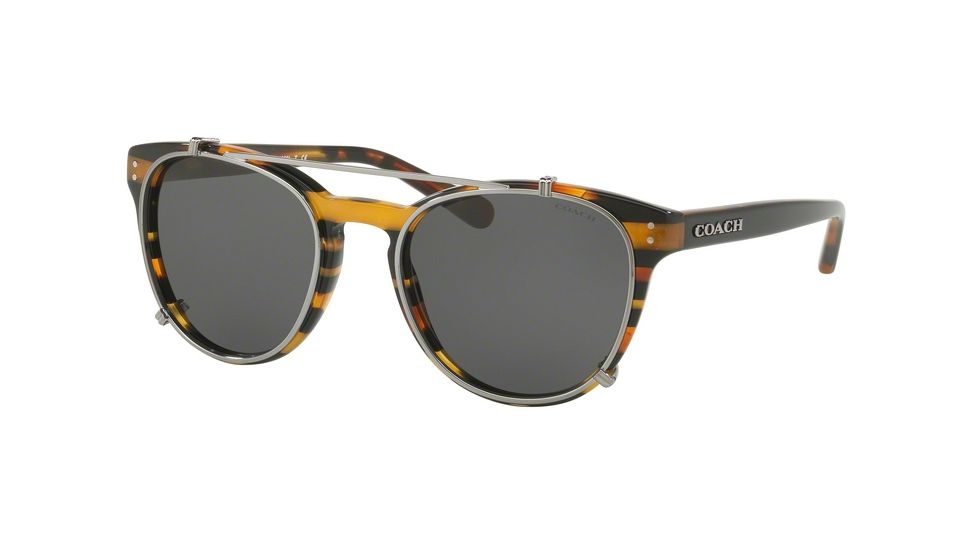 Coach L1652 HC8216 Sunglasses 544087-51 - Blk Amber Gltr Varsity Stripe Frame, Dark Grey Solid Lenses