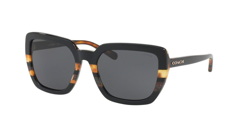 Coach L1654 HC8217 Sunglasses 544387-57 - Black Tort Gltr Varsity Stripe Frame, Dark Grey Solid Lenses