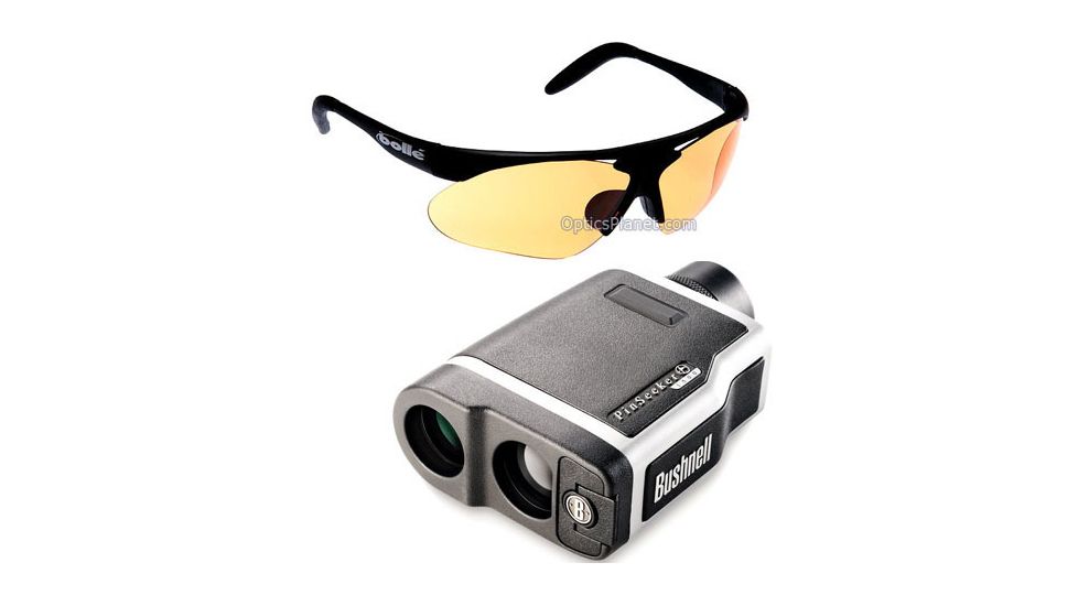 2-PC Bushnell Golfing Gift Package - Bushnell PinSeeker 1500 Laser Rangefinder 205103 Golf w/ Slope +/- and Bolle Parole Golf Sunglasses, Matte Black Frame/TNS Gun, Vermillon, EagleVision 2, Clear Lens Set 0754201524