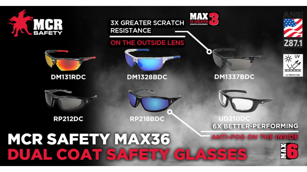 MCR Safety Swagger RP2 Series Safety Glasses, MAX36 Anti-Fog / Anti-Scratch Coating, Foam Lined Lenses, Gray, One Size, RP212DC
