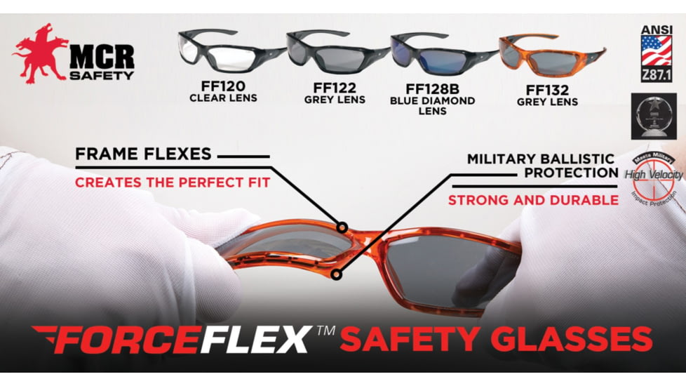 MCR Safety ForceFlex FF1 Series Safety Glasses, Lenses Molded Into Flexible TPU Frame, Clear, One Size, FF120