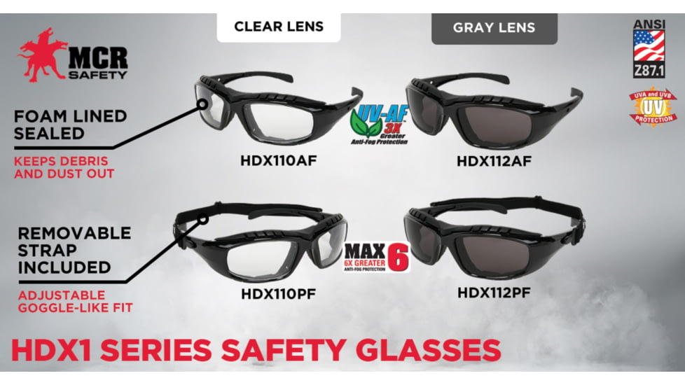 MCR Safety HDX1 Series Safety Glasses, UV-AF Anti-Fog Lens Coating, Removable Elastic Strap, Gray, One Size, HDX112AF