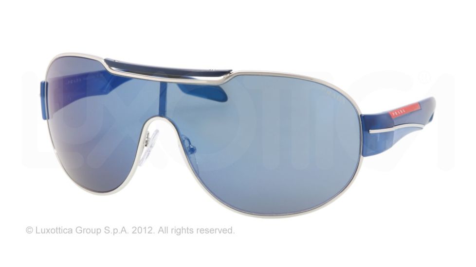 Prada PS56NS Sunglasses 1BC9P1-37 - Silver Frame, Blue Mirror Lenses