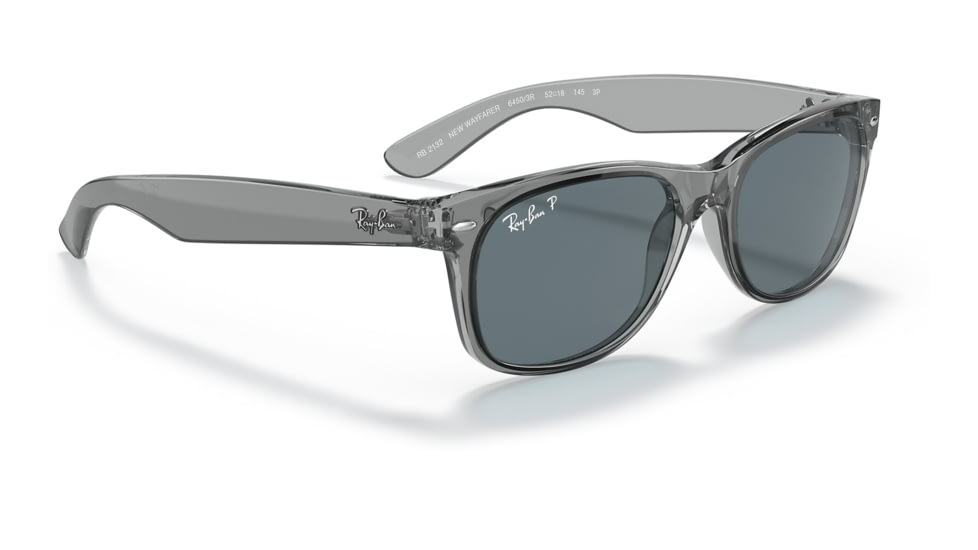 Ray-Ban RB2132 New Wayfarer Sunglasses, Transparent Grey Frame, Dark Blue Lens, Polarized, 52, RB2132-64503R-52