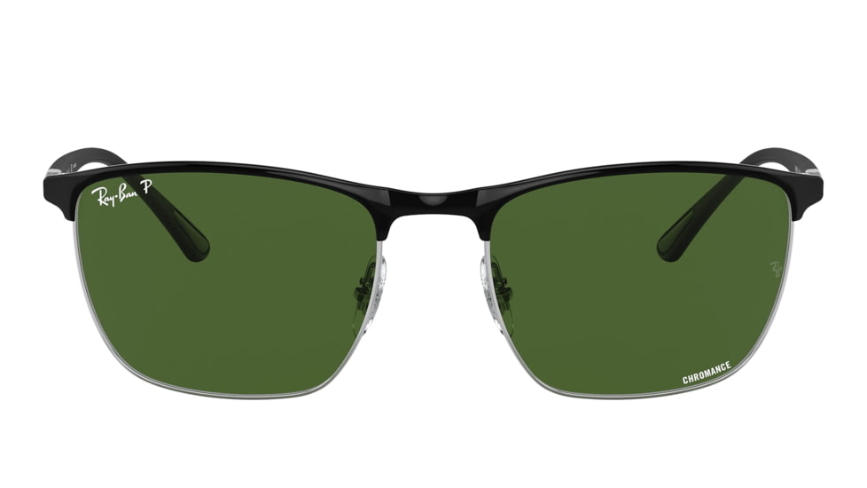 Ray-Ban RB3686 Sunglasses, Black On Silver Frame, Dark Green Lens, Polarized, 57, RB3686-9144P1-57