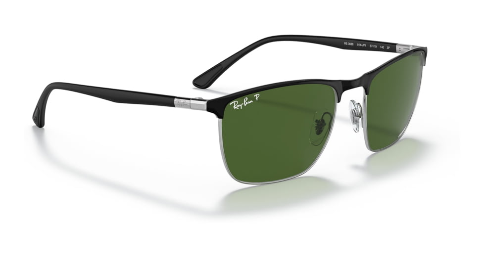Ray-Ban RB3686 Sunglasses, Black On Silver Frame, Dark Green Lens, Polarized, 57, RB3686-9144P1-57