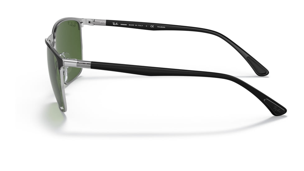 Ray-Ban RB3686 Sunglasses, Black On Silver Frame, Dark Green Lens, Polarized, 57, RB3686-9144P1-57