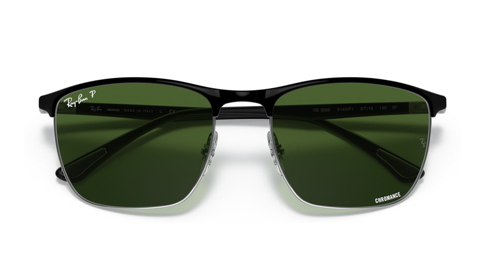 Ray-Ban RB3686 Sunglasses, Black On Silver Frame, Dark Green Lens, Polarized, 57, RB3686-9144P1-57
