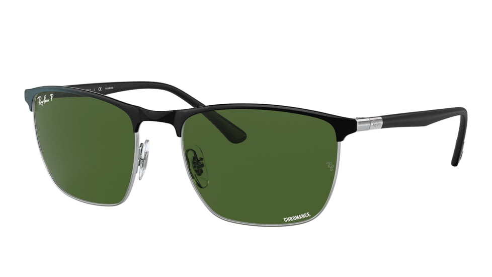 Ray-Ban RB3686 Sunglasses, Black On Silver Frame, Dark Green Lens, Polarized, 57, RB3686-9144P1-57
