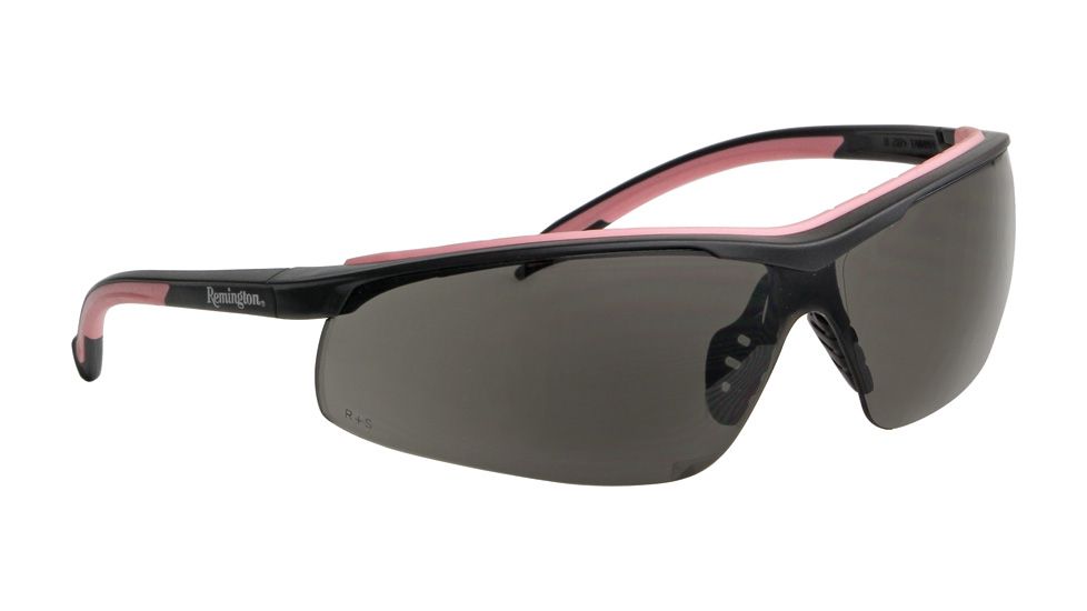 Remington T-71P Womens Shooting Glasses, Polycarbonate lens, Smoke lenses. Black frames with pink trim RE452