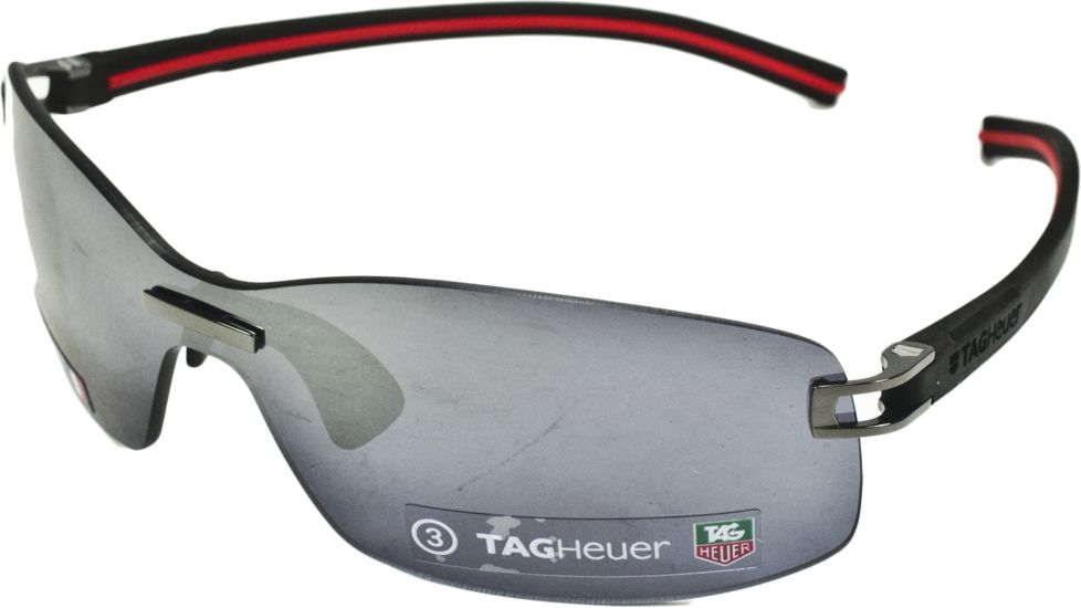 Tag Heuer Track S Sun Sunglasses, Black Ceramic Frame/Black Red Temples, Grey Polarized Lens, Polarized 7671-106