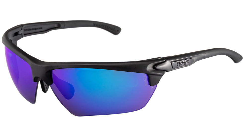 TRYBE Tactical Universal Fit Safety Glasses, Adjustable Wire Core Temples and Nose Piece, Blue Mirror Lens, Black, UFSG-BLM